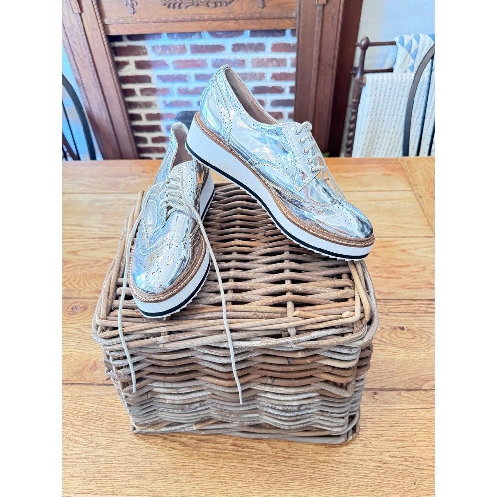 Metallic Silver Platform Oxford Wingtip Brogue Lace Up Shoes 7.5 38